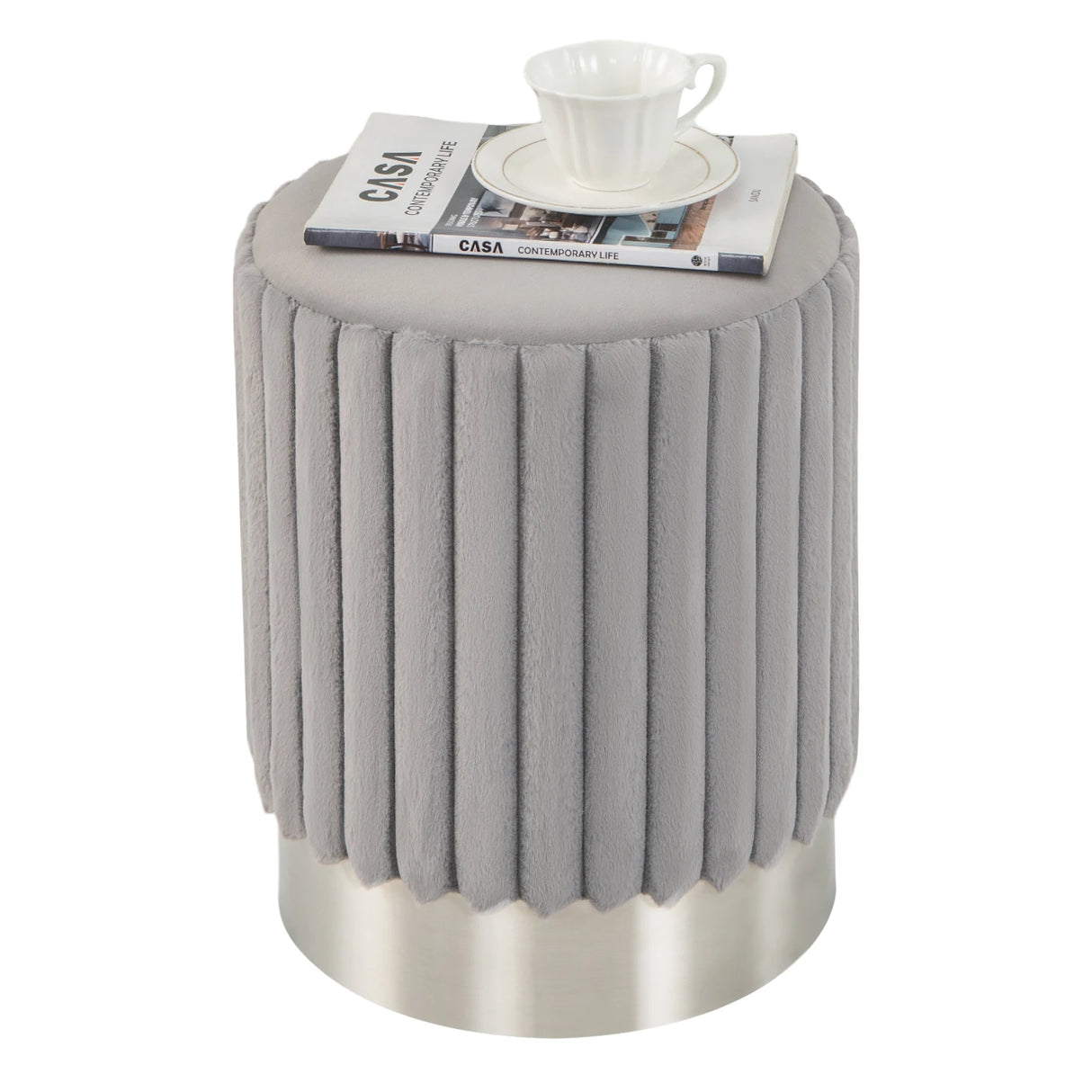 Upholstered Footrest Stool with Decorative Vertical Tufting and Heavy-duty Metal Base-Grey