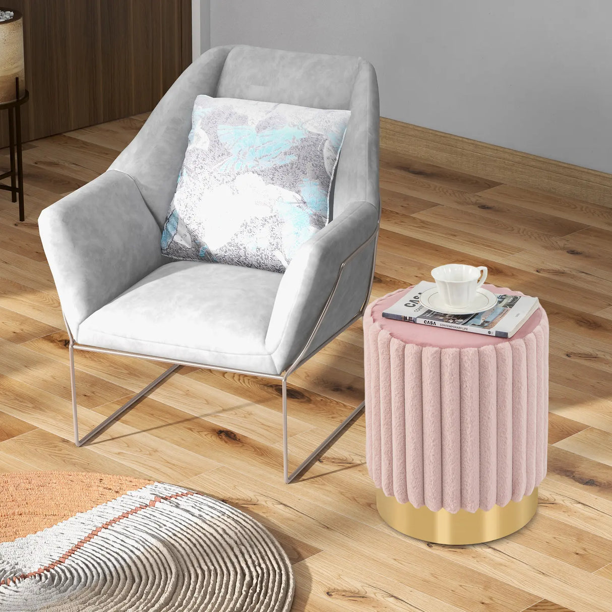 Upholstered Footrest Stool with Decorative Vertical Tufting and Heavy-duty Metal Base-Pink