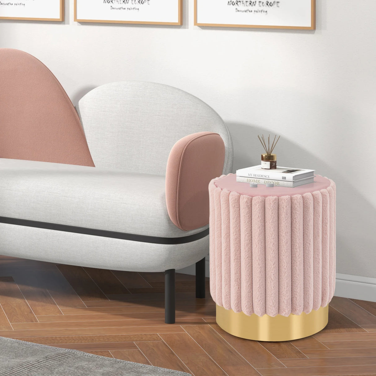 Upholstered Footrest Stool with Decorative Vertical Tufting and Heavy-duty Metal Base-Pink