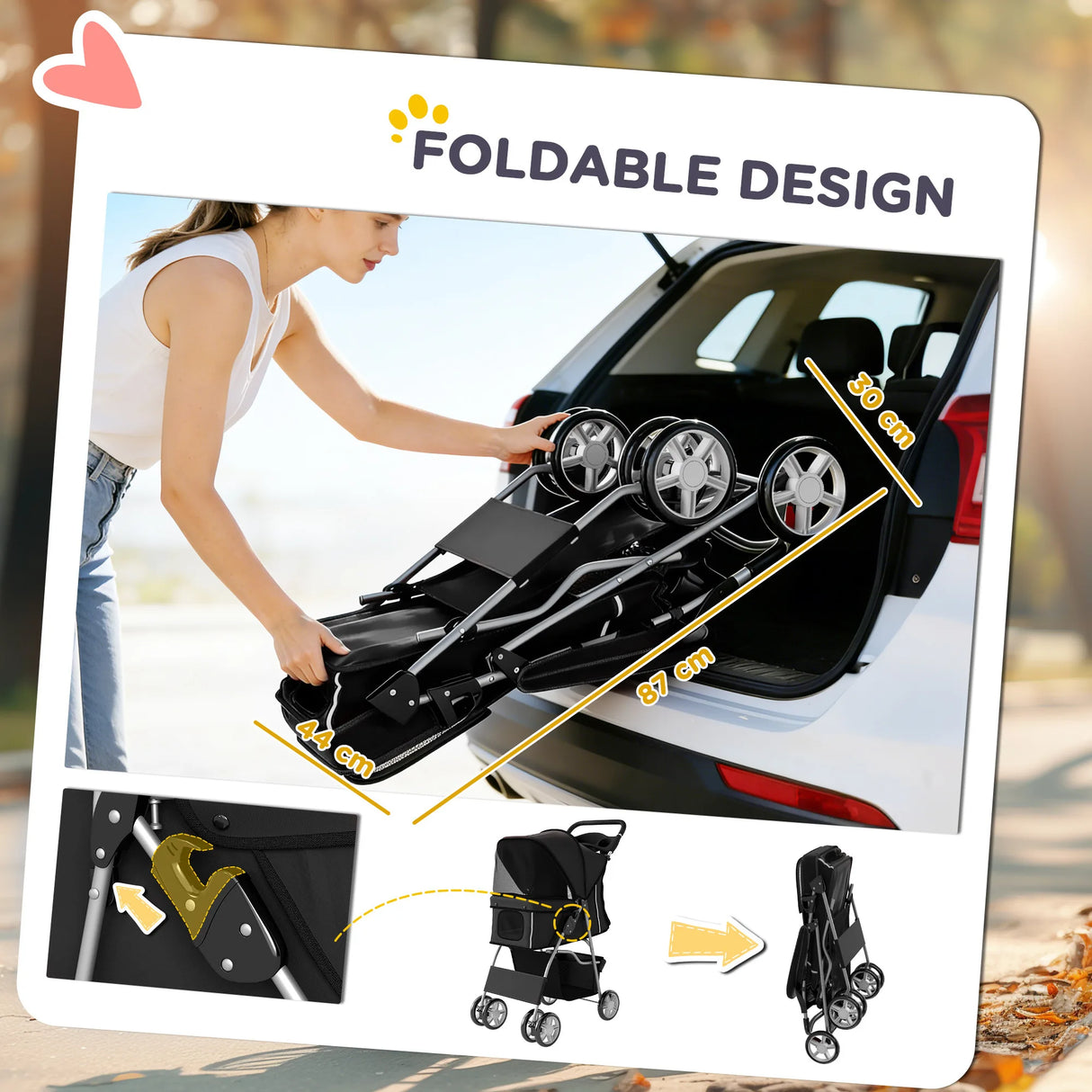 PawHut Dog Pram, Pet Stroller with Reflective Strips, Foldable Cat Stroller with 360 Swivel Wheels, Black