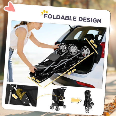 PawHut Dog Pram, Pet Stroller with Reflective Strips, Foldable Cat Stroller with 360 Swivel Wheels, Black