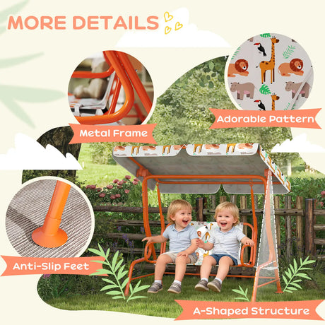 AIYAPLAY Kids Porch Swing, 2-Seater Patio Swing Bench Hammock with Seat Belts, Adjustable Canopy for Garden, Orange