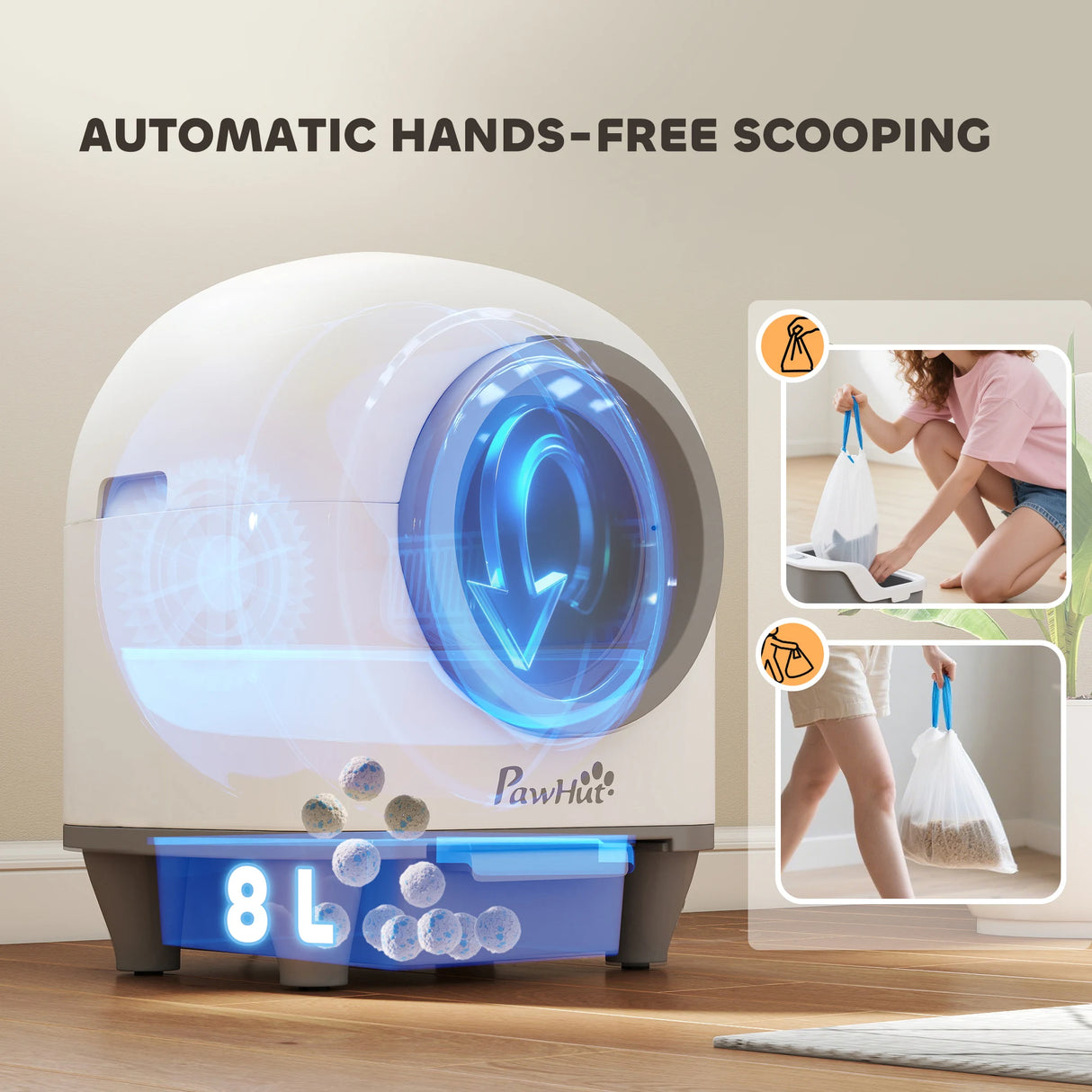 PawHut 80L Extra Large Self Cleaning Cat Litter Tray with APP Control, Safety Protection, Odor Removal, Rubbish Bag for Multiple Kittens