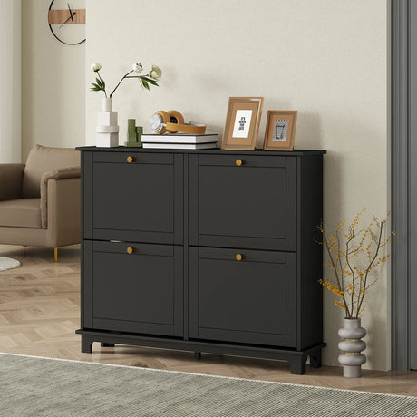 HOMCOM Narrow Shoe Storage Cabinet, Slim Shoe Cabinet with 4 Flip Drawers, Adjustable Shelves for 16 Pairs of Shoes, Black