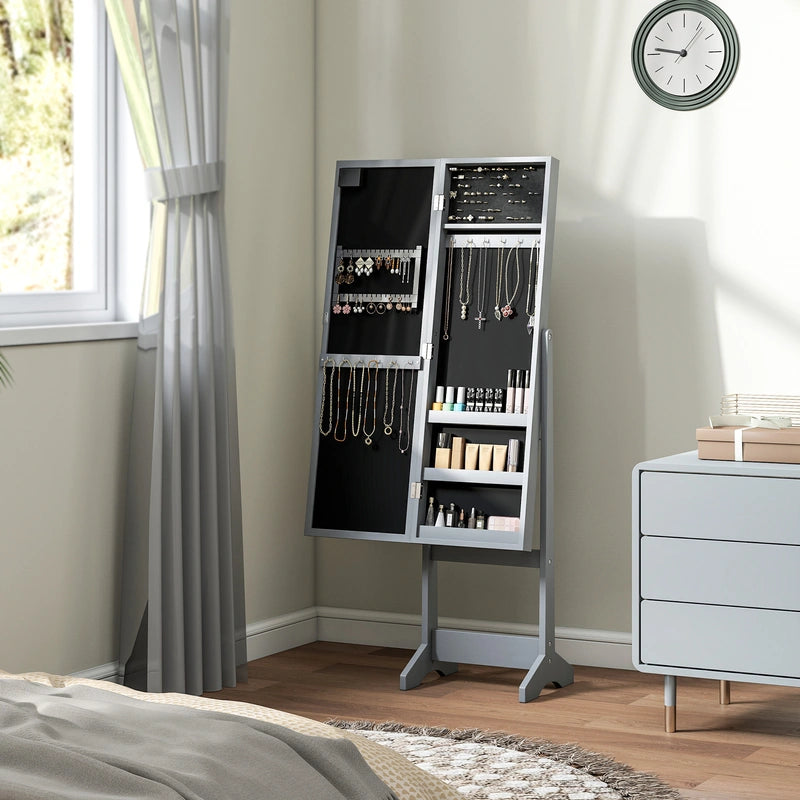 HOMCOM Free Standing Mirror Jewelry Cabinet with LED Lights, Jewellery Organiser with 3 Angle Adjustable, Full-Length Mirror with Storage for Earrings, Necklaces, Rings and Lipsticks, Grey