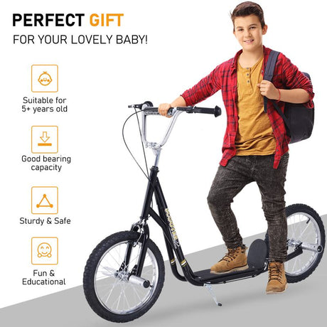 HOMCOM Stunt Scooter, Kids Scooter with Big Wheels, Adjustable Height, Dual Brakes, for Ages 5 Years+, Black