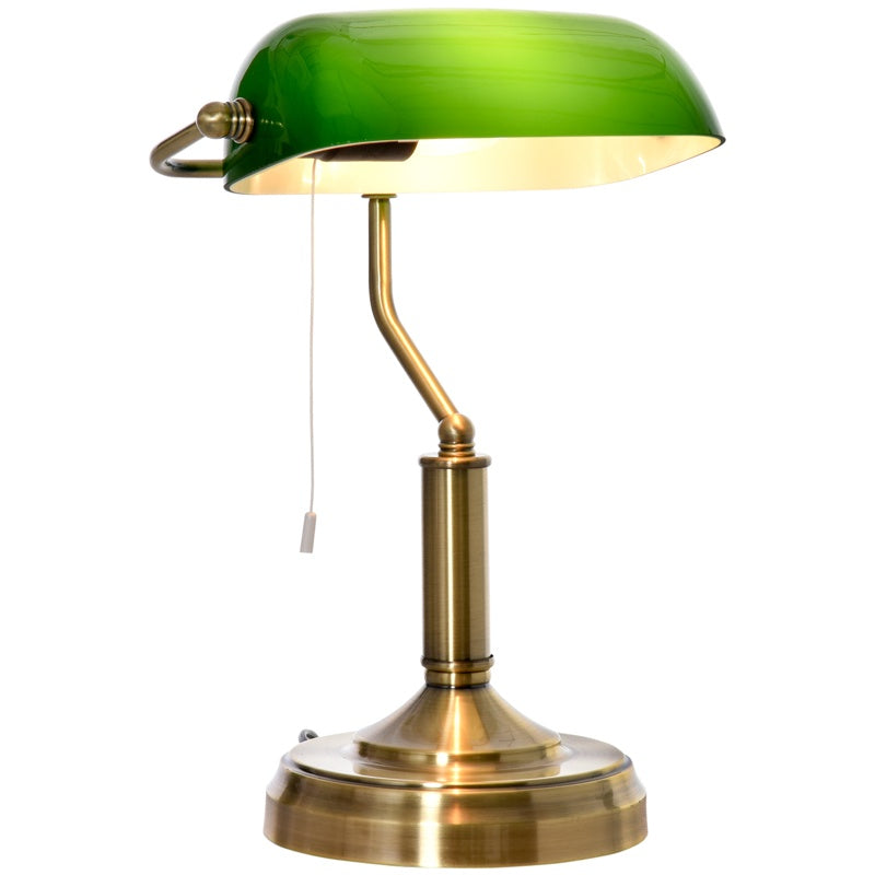 HOMCOM Banker's Desk Lamp with Antique Bronze Tone Base, Table Lamp with Green Glass Shade for Home Office, Green