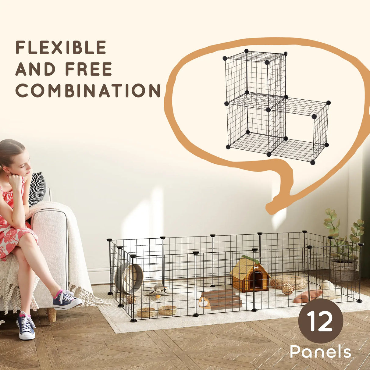 PawHut DIY Pet Playpen Metal Wire Fence 12 Panel Enclosure Indoor Outdoor Guinea Pig Bunny Small Animals Cage Black
