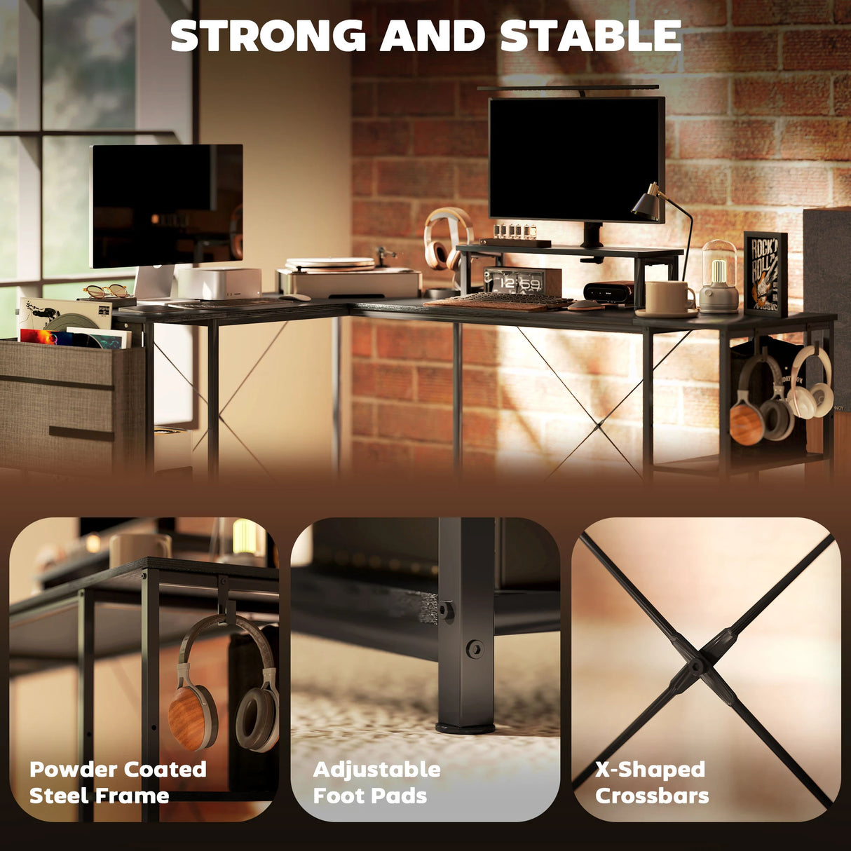 HOMCOM 168cm Reversible L Shaped Desk, Industrial Corner Computer Desk with Adjustable Shelf and Storage Bag, 240cm 2 Person PC Table with Monitor Stand, Black