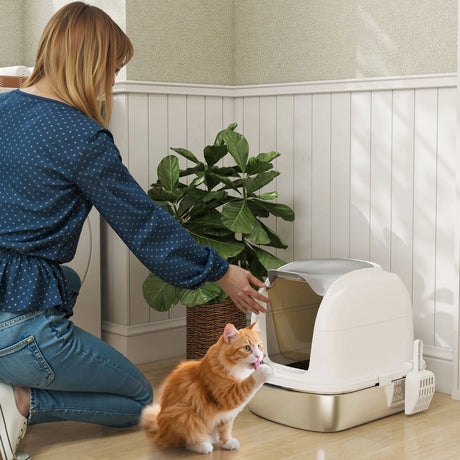 PawHut Stainless Steel Cat Litter Box with Lid, for Cats, Enclosed Cat Litter Box with Flip Cover, Scoop