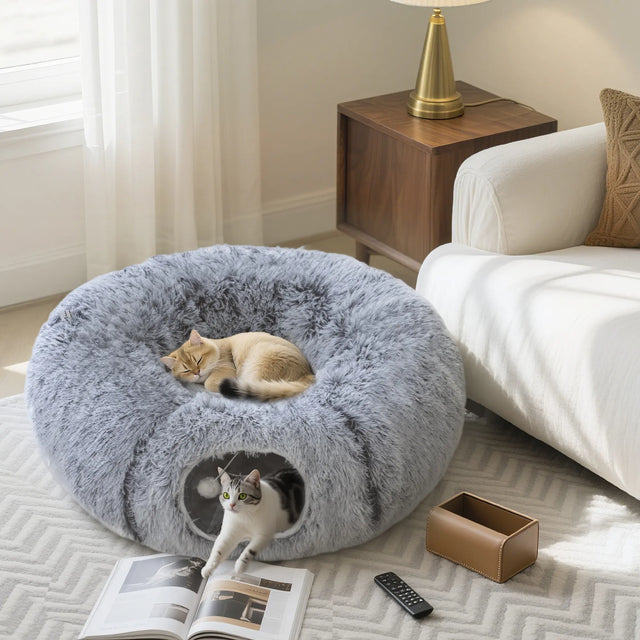 PawHut 2-in-1 Donut Cat Tunnel with Washable Bed, Play Tunnel Bed with Toy Ball and Door Hole for Indoor Cats, Light Grey