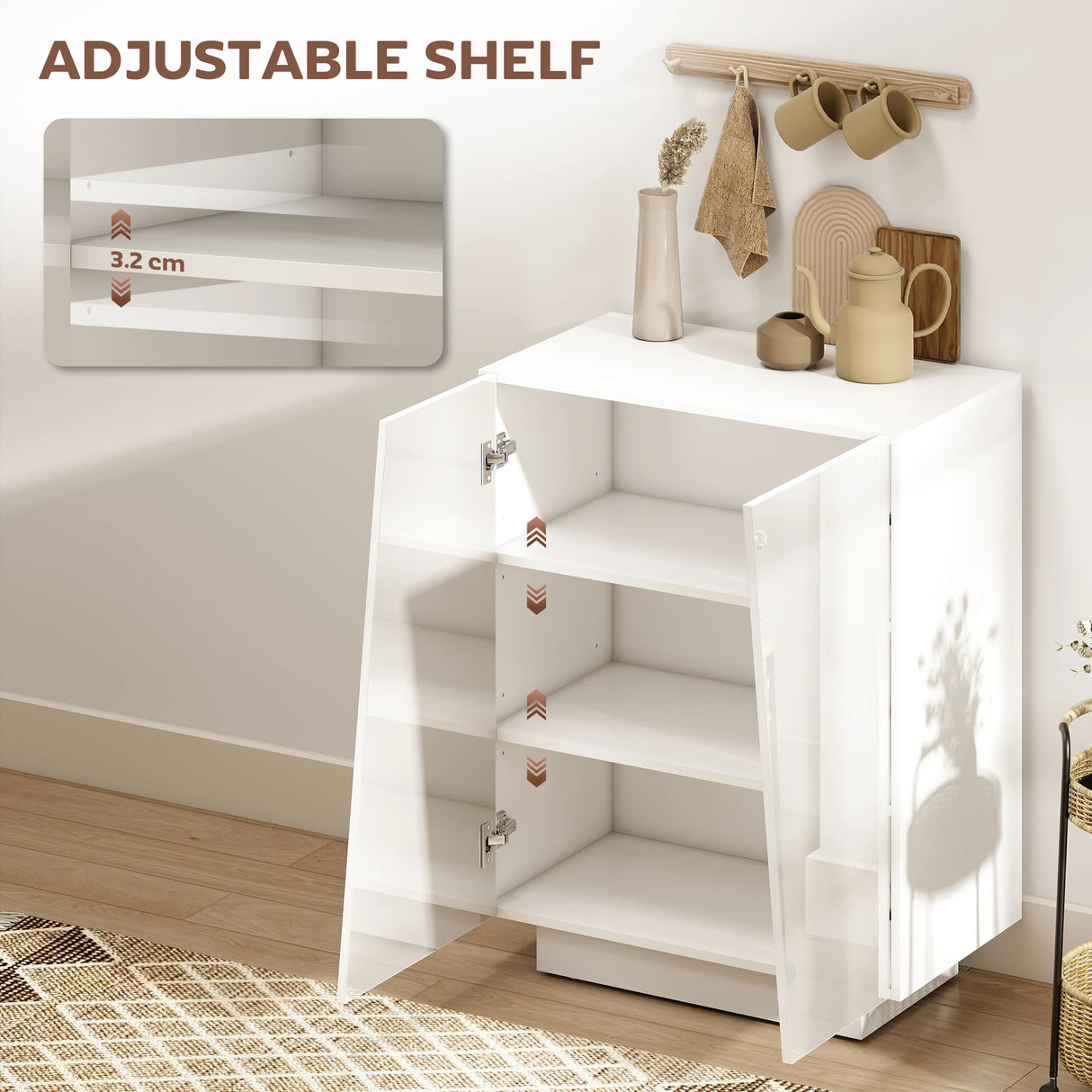 HOMCOM High Gloss Storage Cabinet, Freestanding Storage Cupboard with Adjustable Shelves for Living Room, Bedroom, Hallway, White