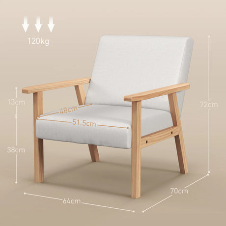 HOMCOM Modern Armchair, Linen Upholstered Sofa with Solid Wood Legs and Wide Seat, Accent Chair for Living Room Bedroom Office, Cream White