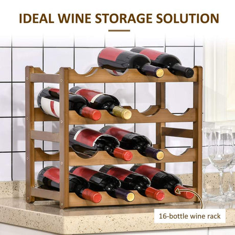 HOMCOM Free Standing Bamboo Wine Rack with 16 Bottles Holder, 4-tier Water Bottle Organizer, Display Shelf for Countertop, Home Bar, Brown