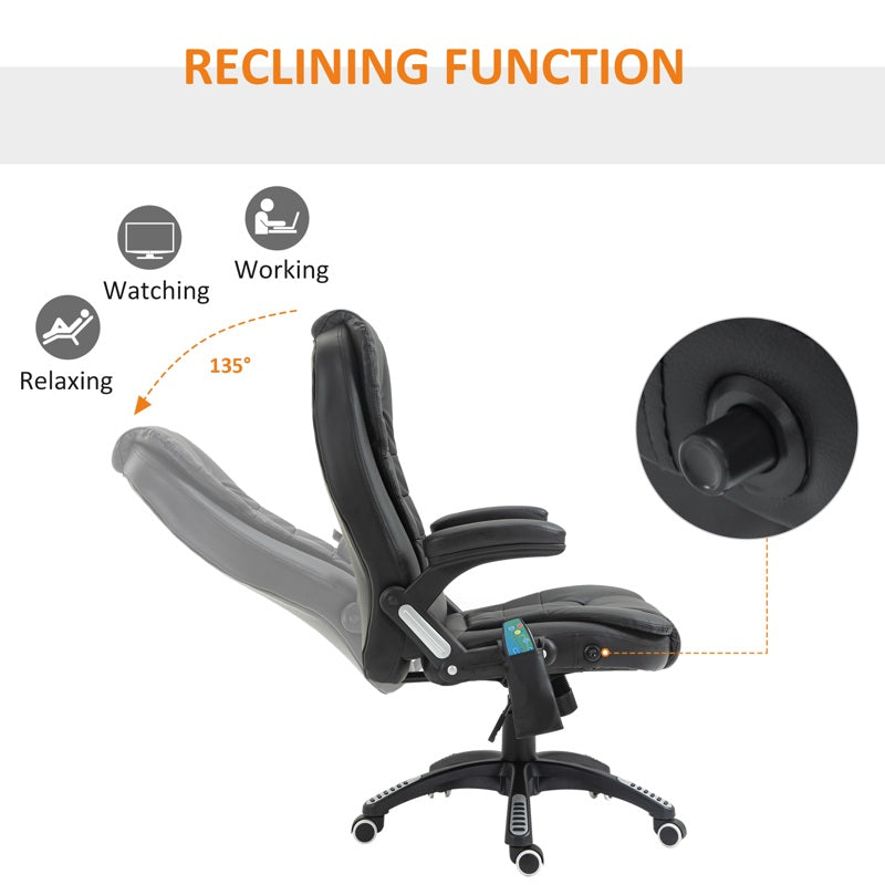 HOMCOM 6-Point Massage Office Chair with Seat Heated for Home Office, PU Leather High Back Executive Desk Chair with Adjustable Height and 360 Swivel for Work Study, Black