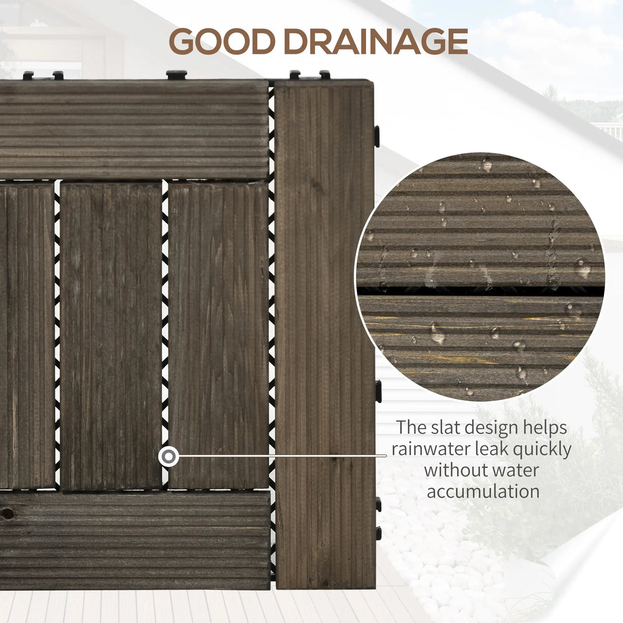 Outsunny 27 Pcs Wooden Interlocking Decking Tiles, 30 x 30 cm Outdoor Flooring Tiles, 2.5 per Pack, for Patio, Balcony, Terrace, Hot Tub, Charcoal Grey