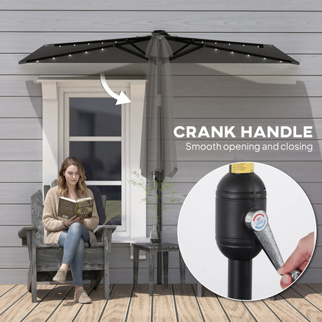 Outsunny 2.6 m Half Garden Parasol with Solar LED Lights, UPF50+ Semi Round Umbrella with 30 Tilt, Crank Handle, Dark Grey