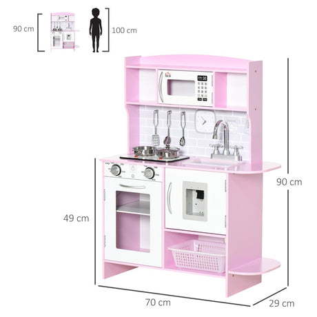 HOMCOM Kids Kitchen Playset, with Lights, Sounds, Microwave, Sink and Storage - Pink