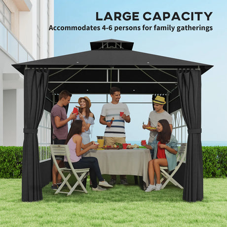 Outsunny 3 x 3 m Garden Gazebo, Double Roof Metal Gazebo with Removable Sidewalls and Church Windows, Outdoor Canopy Shelter, Black