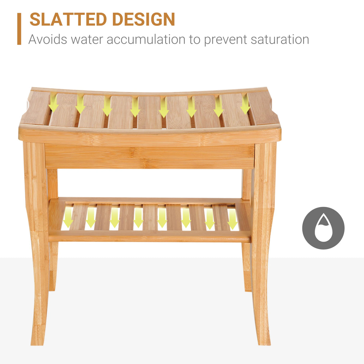 HOMCOM 45cm 2-Tier Slatted Shower Bench Storage Seat w/ 4 Legs Comfortable Safe Bathroom Stool Spa Bath Organiser