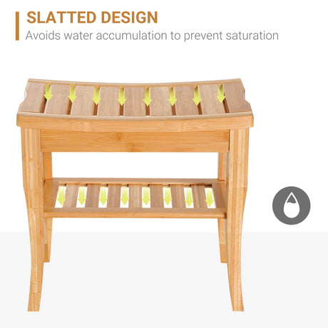 HOMCOM 45cm 2-Tier Slatted Shower Bench Storage Seat w/ 4 Legs Comfortable Safe Bathroom Stool Spa Bath Organiser