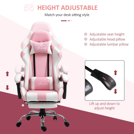 Vinsetto Ergonomic Gaming Chair, PU Leather Reclining Computer Chair with Footrest and Lumbar Support, Headrest and Adjustable Height for Adults, Pink