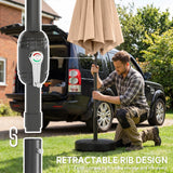 Outsunny 2.7 m Garden Parasol Umbrella with Cross Base and Sandbag, Retractable Ribs, Outdoor Table Market Umbrella, Khaki