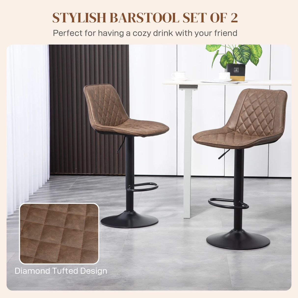 HOMCOM Bar Stools Set of 2, Retro Adjustable Kitchen Stool, Swivel PU Leather Upholstered Bar Chairs with Back, Footrest and Steel Base, Brown