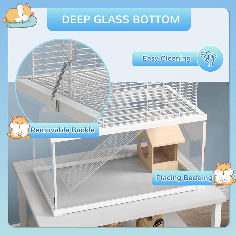 PawHut Gerbil Cage, Dwarf Hamster Cage w/ Deep Glass Bottom, Ramps, Platforms, Hut, Exercise Wheels, Water Bottle - White