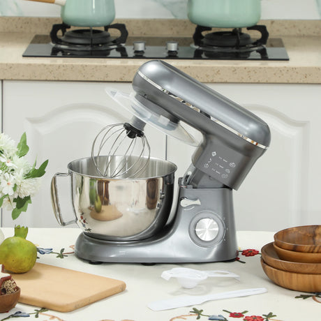 HOMCOM 1300W Kitchen Stand Mixer, with Accessories - Silver