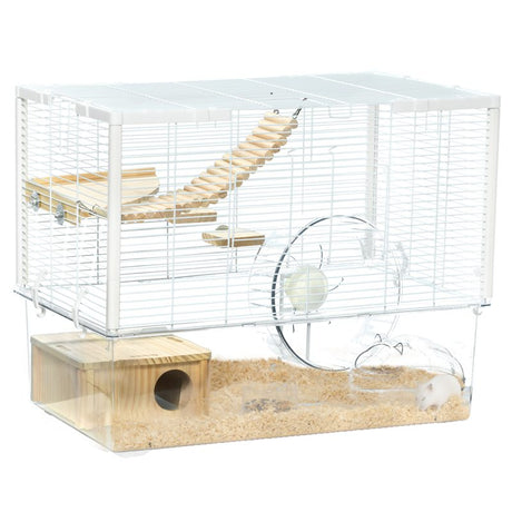 PawHut Hamster Cage, Gerbil Cage with Wooden Ramp, Exercise Wheel, Food Bowl - White