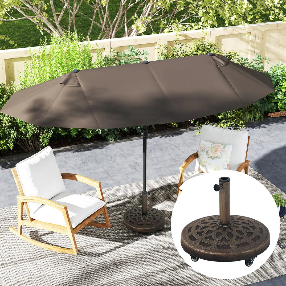 Outsunny 21kg Resin Garden Parasol Base with Wheels, Round Umbrella Stand, Heavy Duty Sun Umbrella Base for 32, 38, 48 mm Umbrella Poles for Deck Poolside, Bronze Tone