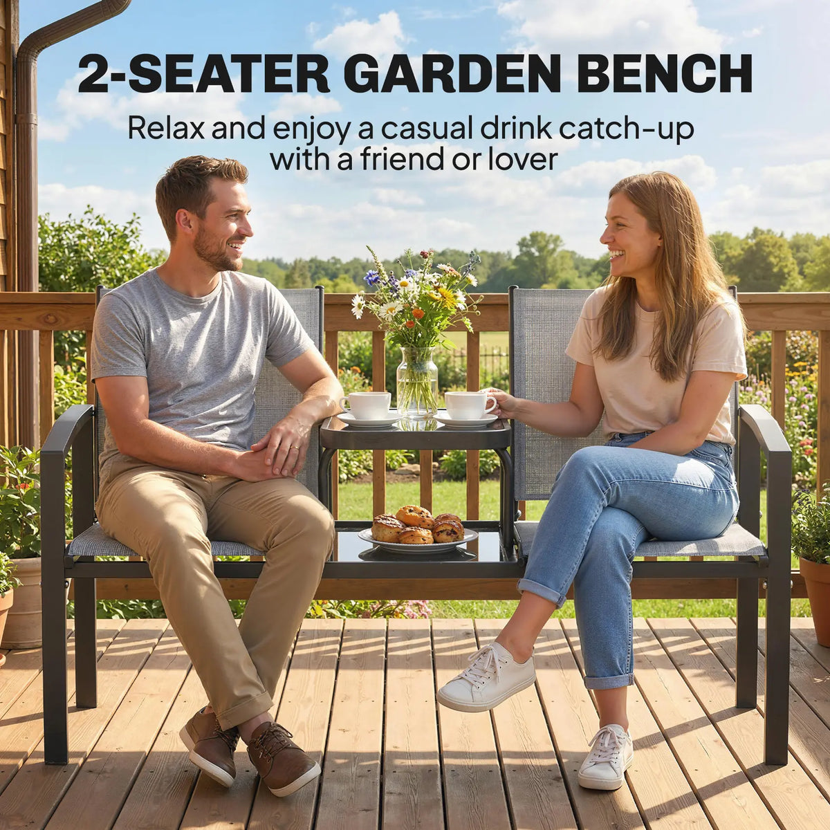 Outsunny Garden Love Seat, 2 Seater Jack and Jill Loveseat Companion Seat with 2-Tier Glass Table, Breathable Texteline, Grey