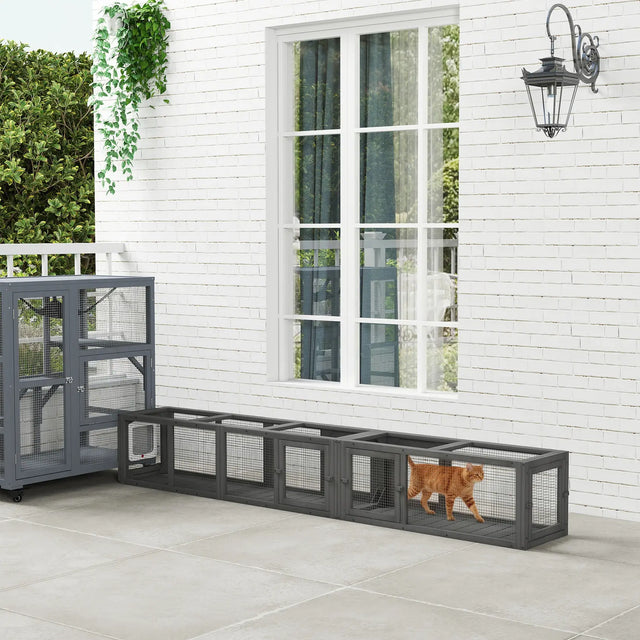PawHut Cat Tunnel, 250cm Extra Long Wooden Cat Play Tunnel with 8 Doors, L-shape/Rectangle, Outdoor Cat Enclosure, Dark Grey