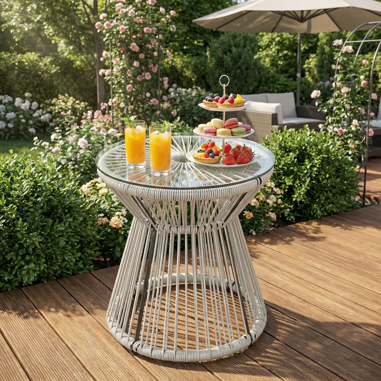 Outsunny Rattan Outdoor Coffee Table, PE Rattan Wicker Bistro Side Table with Tempered Glass Top, Light Grey