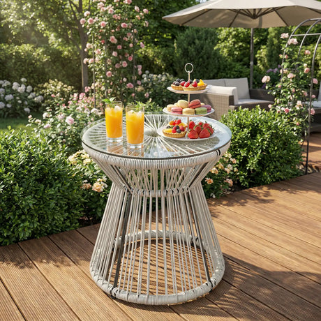 Outsunny Rattan Outdoor Coffee Table, PE Rattan Wicker Bistro Side Table with Tempered Glass Top, Light Grey