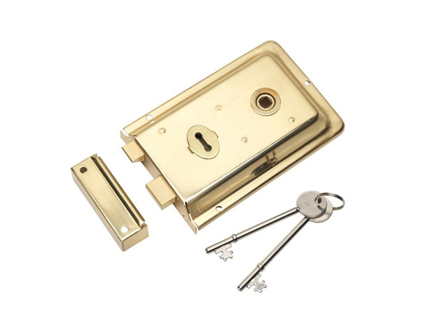6X4" DUAL HANDED RIM LOCK C/W 2 KEYS - POLISHED BRASS - EACH