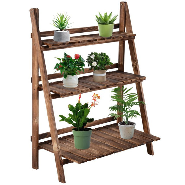 Outsunny Wooden Folding Flower Pot Stand 3 Tier Garden Planter Display Ladder Gardener Storage Shelves Rack Herb Holder (80L x 37W x 93H cm)