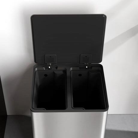 HOMCOM 60L Dual Compartment Stainless Steel Bin, with Deodoriser Holders - Silver Tone