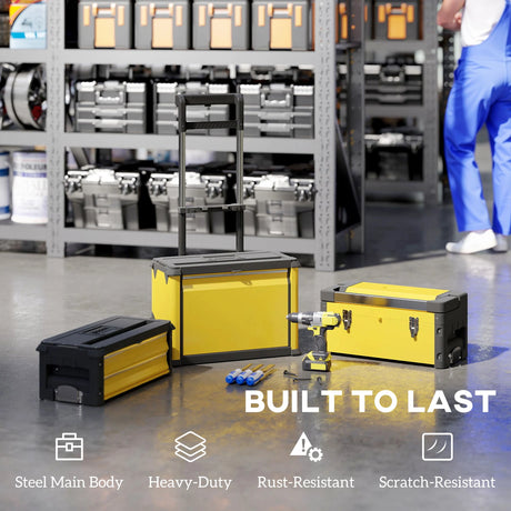 HOMCOM 3-in-1 Stackable Rolling Tool Box - Yellow