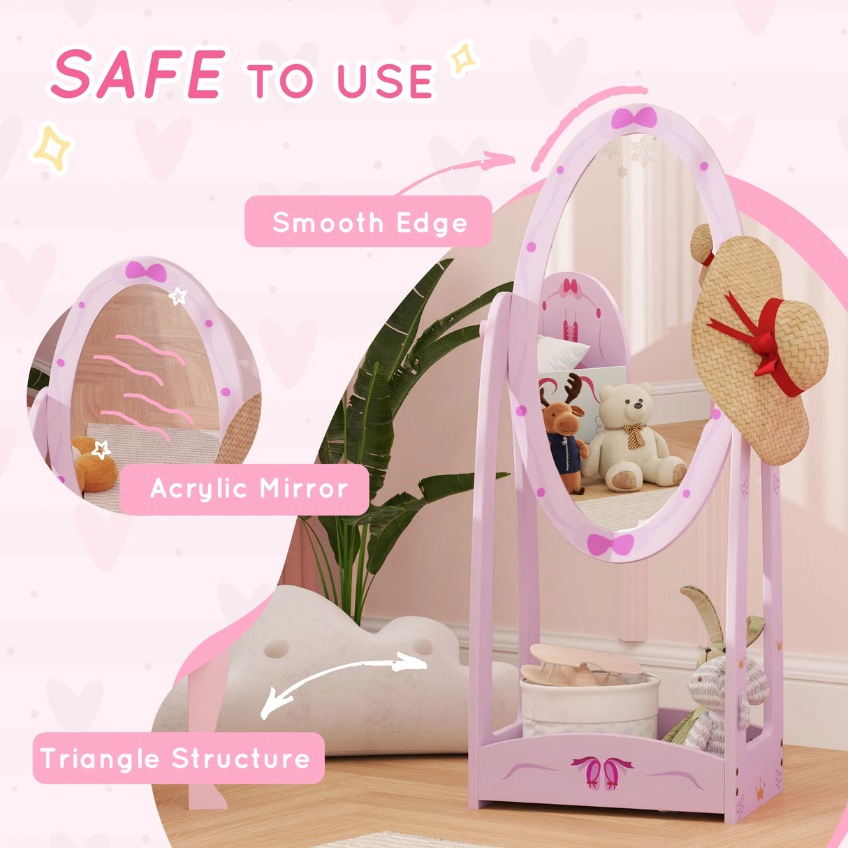 AIYAPLAY Kids Full Length Mirror, 360 Rotating Children Standing Mirror with Storage Shelf, Pink