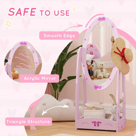 AIYAPLAY Kids Full Length Mirror, 360 Rotating Children Standing Mirror with Storage Shelf, Pink