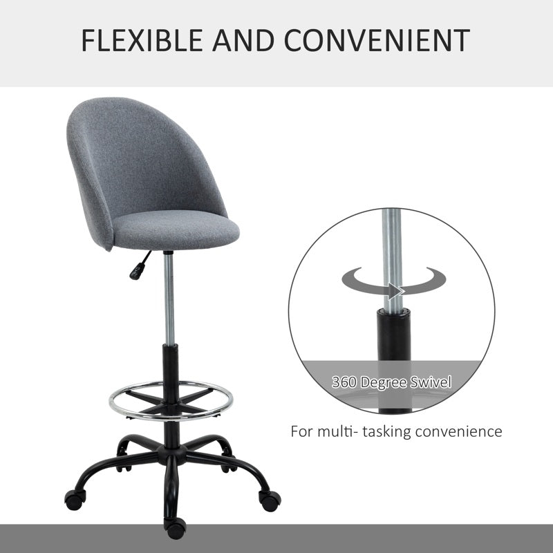 Vinsetto Ergonomic Drafting chair Adjustable Height w/ 5 Wheels Padded Seat Footrest 360 Swivel Freely Comfortable Versatile Use For Home Office - Grey