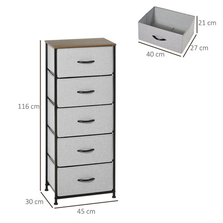 HOMCOM Fabric Chest of Drawers, Storage Drawers, Industrial Bedroom Dresser with 5 Fabric Drawers, Steel Frame and Wooden Top for Nursery, Living Room, Closet, Hallway, Grey