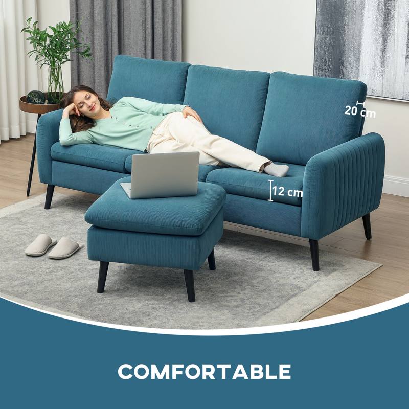 HOMCOM Corner Sofa with Reversible Chaise Lounge, Corduroy Fabric 3 Seater Sofa Settee for Living Room, L Shaped Couch with Scatter Back, Left/Right Hand, Blue