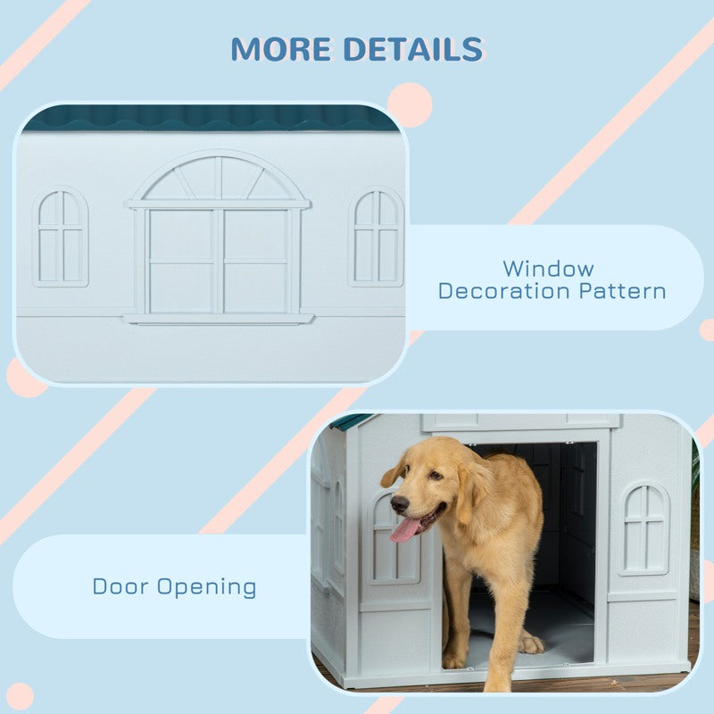 PawHut Plastic Weather-Resistant Dog House, for Indoors and Outdoors, Large Dogs - White and Blue