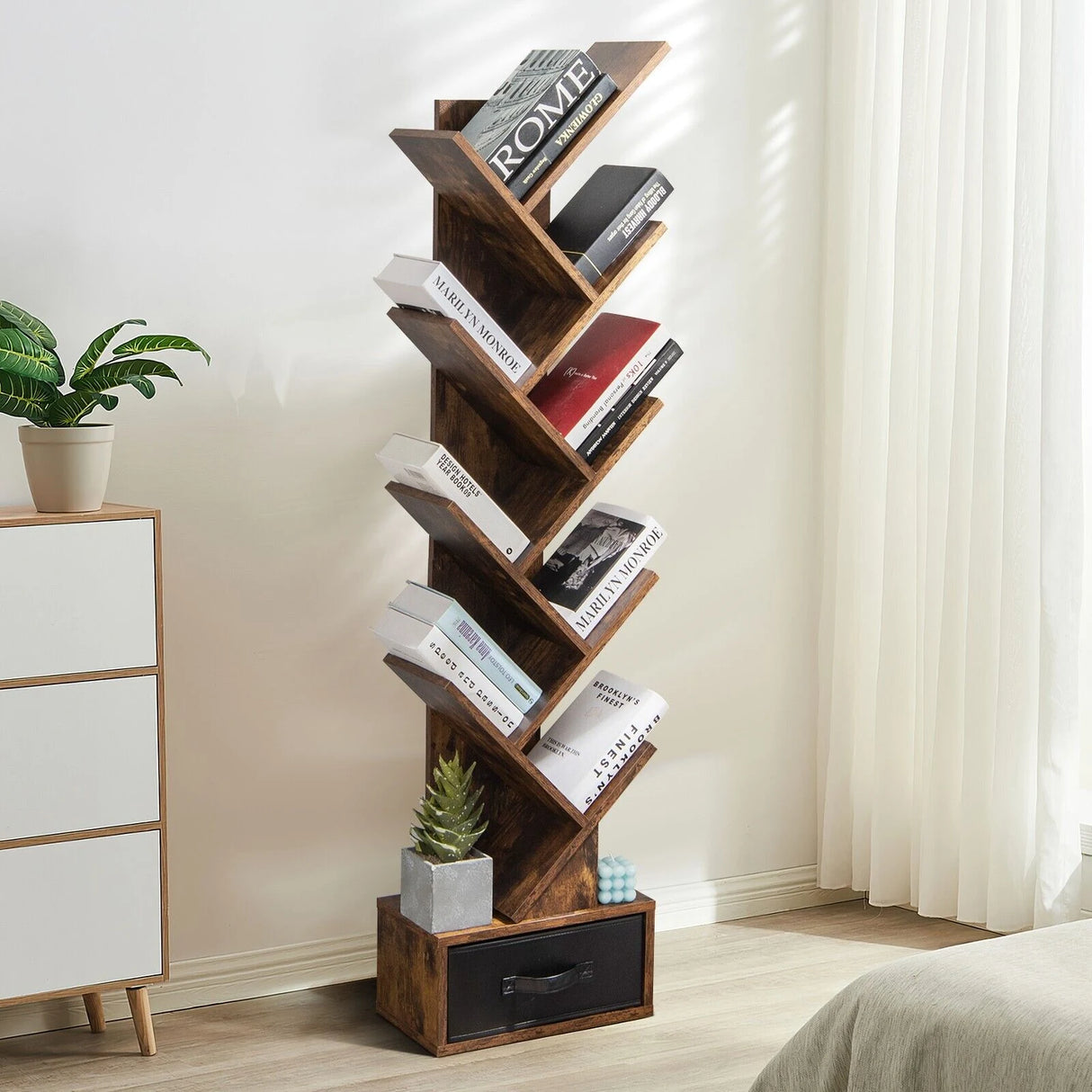 10-Tier Tree Bookcase with Drawer for Storage-Brown