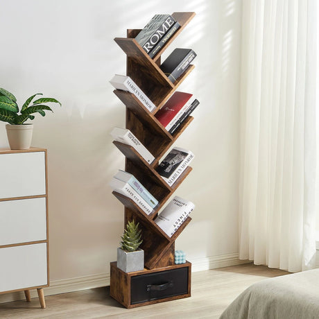 10-Tier Tree Bookcase with Drawer for Storage-Brown