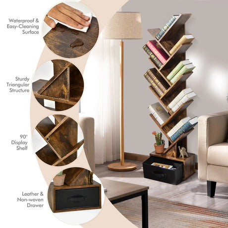 10-Tier Tree Bookcase with Drawer for Storage-Brown
