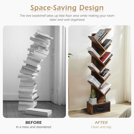 10-Tier Tree Bookcase with Drawer for Storage-Brown